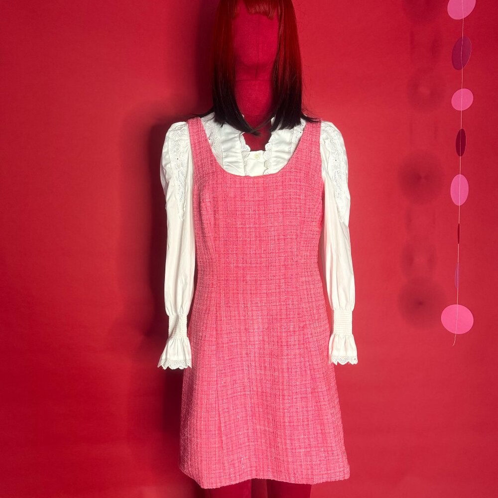 Hot Pink Tweed Mini Dress + Romantic White Lace Blouse Set – Size M